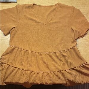 SHEIN V-Neck Ruffle Hem Blouse - Brown